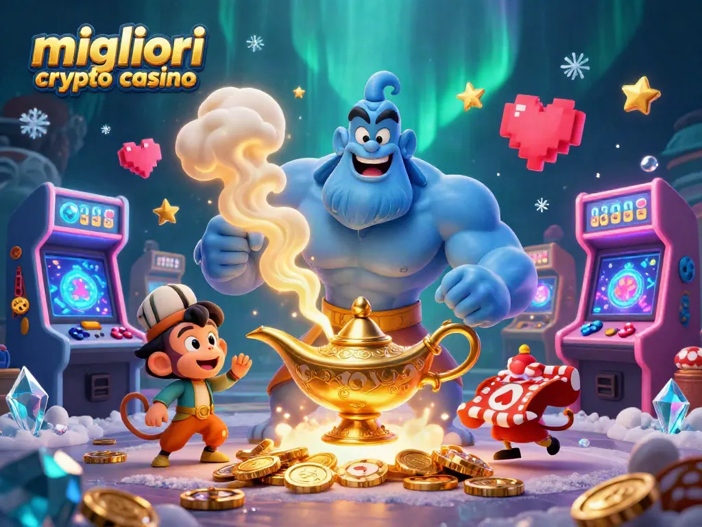 I migliori crypto casino con un genio blu e simboli giocosi in un'illustrazione avvincente.