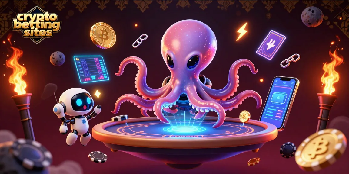 Pariez sur les meilleurs sites de paris sportifs en cryptomonnaies avec une illustration dynamique d'un octopus extraterrestre animant un poker holographique.