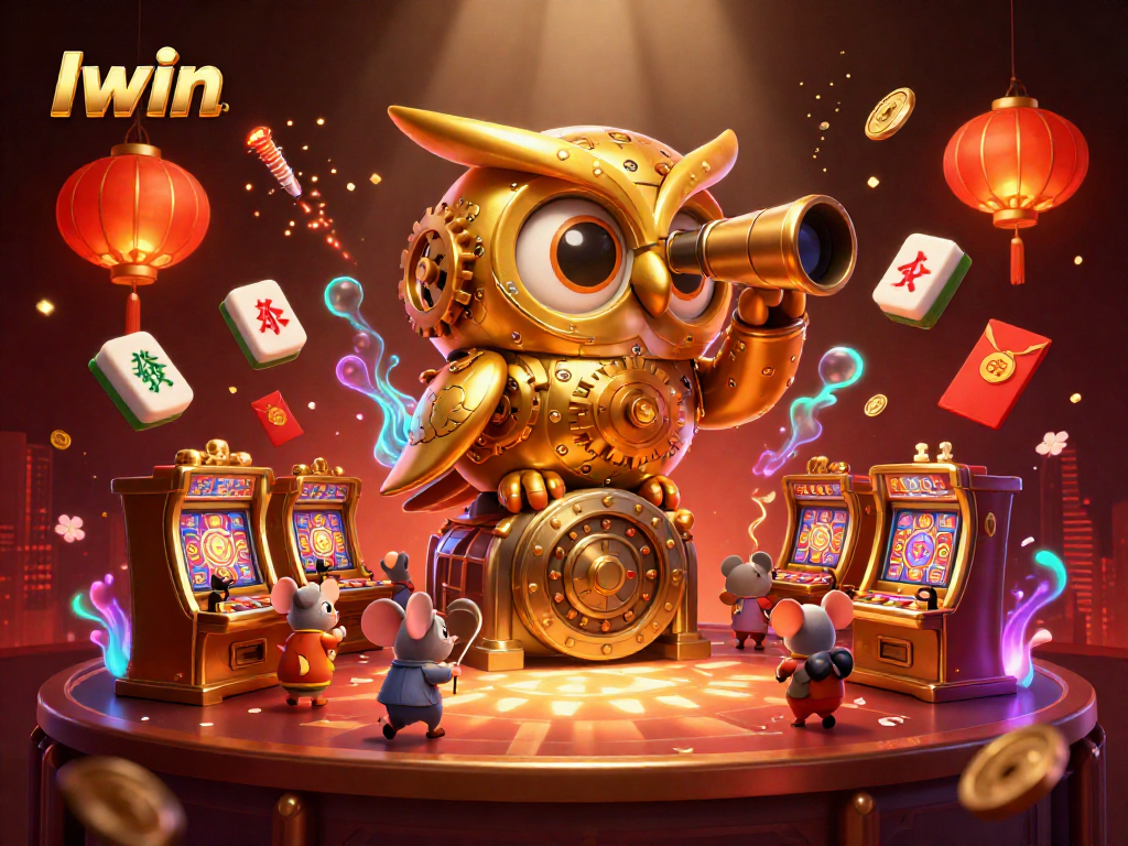 Iwin casino scene featuring a clockwork owl and lively mouse patrons among vibrant gaming elements