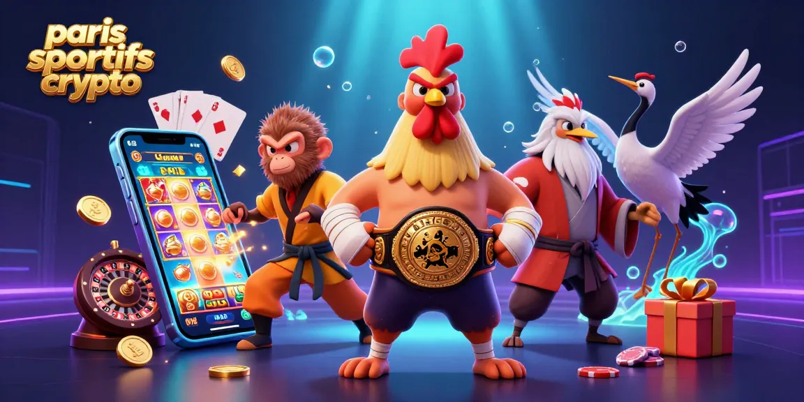Parier avec des paris sportifs crypto sur une plateforme moderne illustrée par un coq de Muay Thai, une grenouille Shaolin et un maître grue.