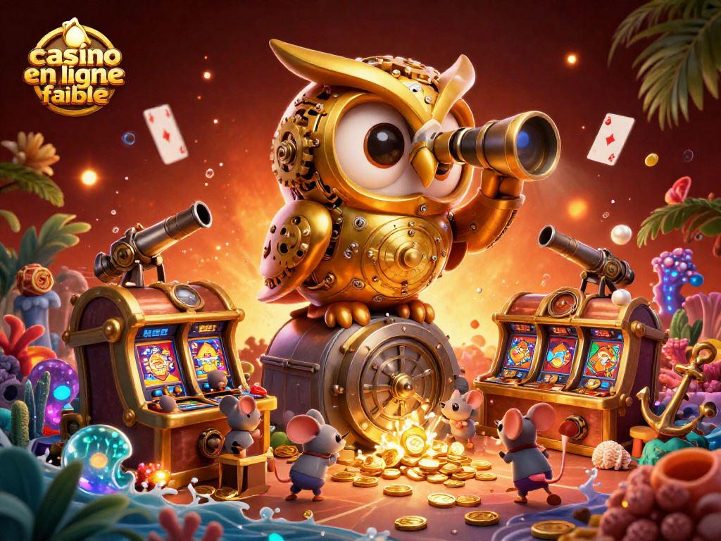 Plongez dans le monde du casino en ligne fiable avec ce hibou d'horloge dorée observant un sol de casino.