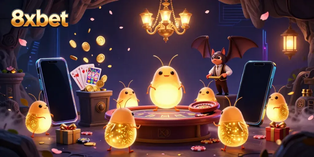 Join the fun at 8xbet with vibrant casino elements and glowing characters in a mystical setting.