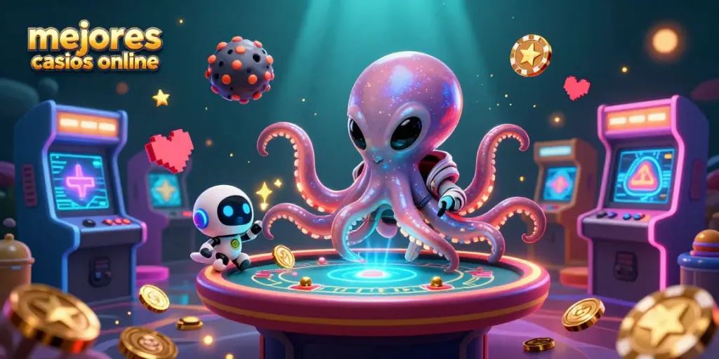 Mejores casinos online: impresionante escena en 3D con un pulpo alienígena y elementos de juego.