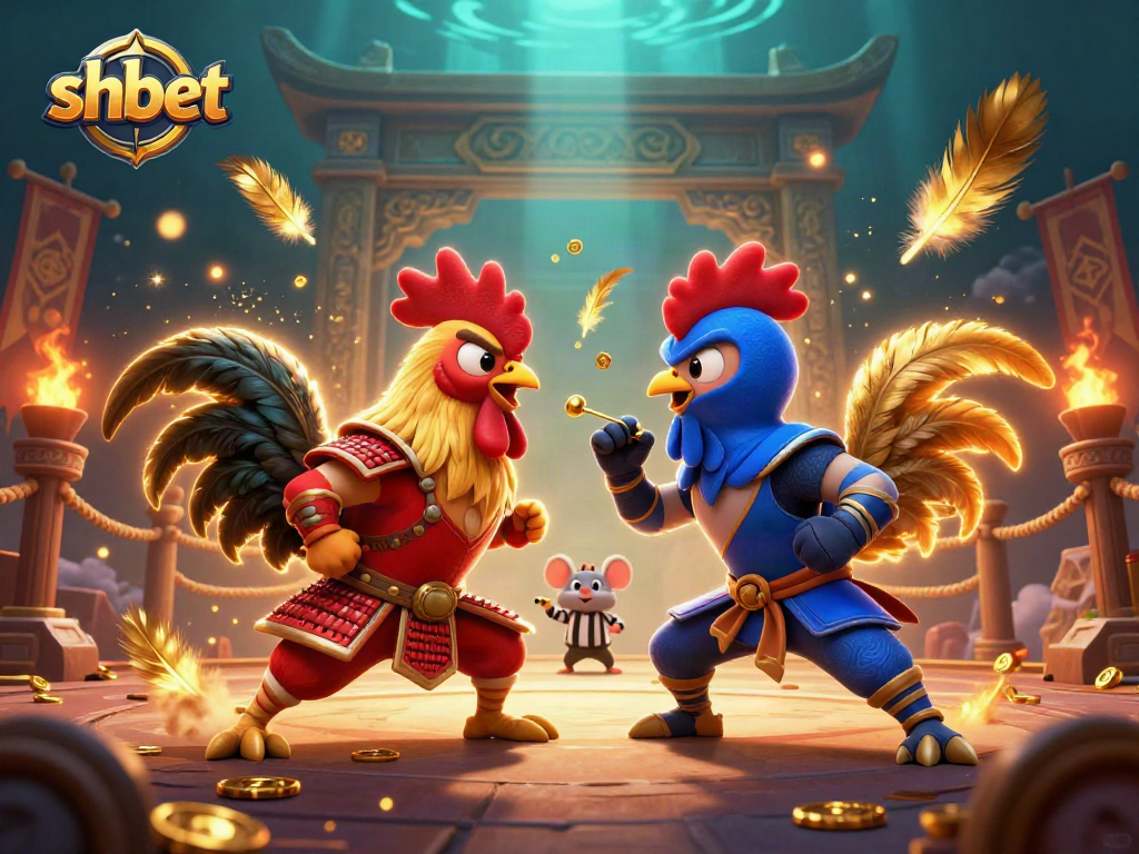 shbet showcases thrilling roosters in a dramatic standoff within a vibrant online casino atmosphere