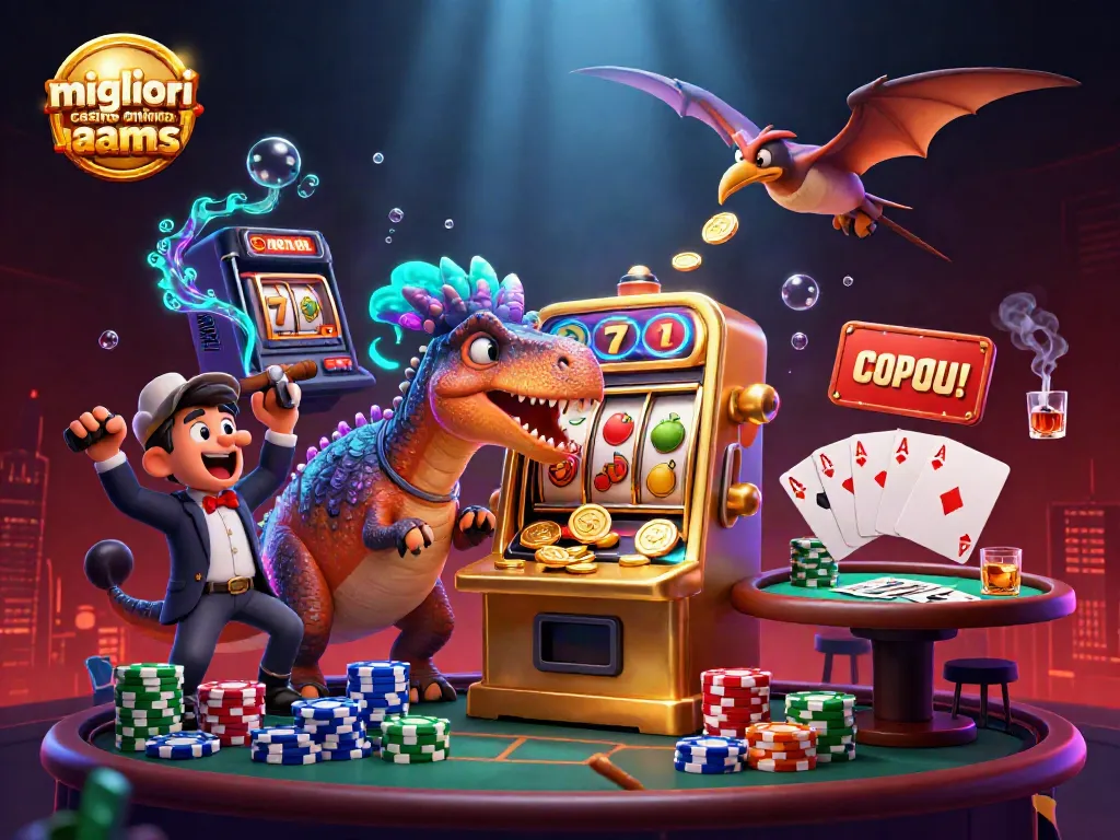 I migliori casinò online non AAMS mostrano un divertente pachycephalosaurus interagendo con una slot machine d'oro.