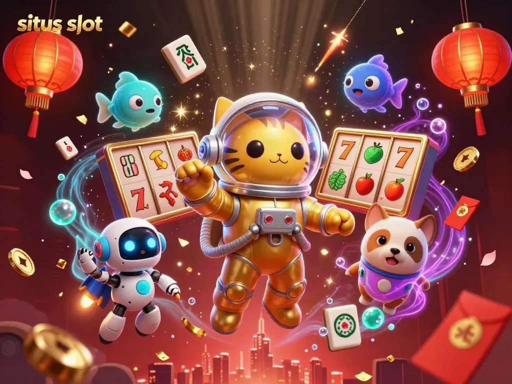 Experience the excitement of situs slot with an epic cosmic scene featuring a space cat and robot dog amidst slot symbols.