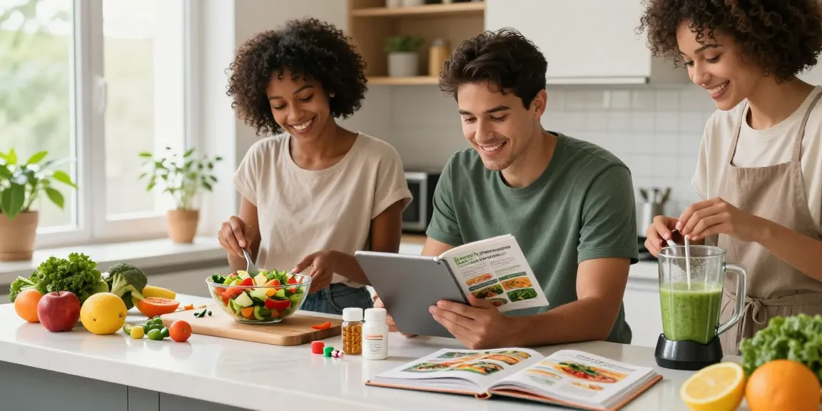 Engaging kitchen scene with individuals sharing health tips while preparing nutritious meals with fresh ingredients and recipes.
