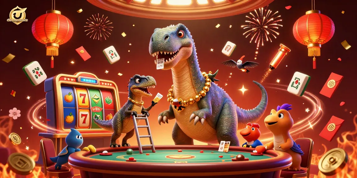 Engage in vibrant gameplay at danangtheatre with a whimsical 3D casino scene featuring animated dinosaurs and colorful slot elements.