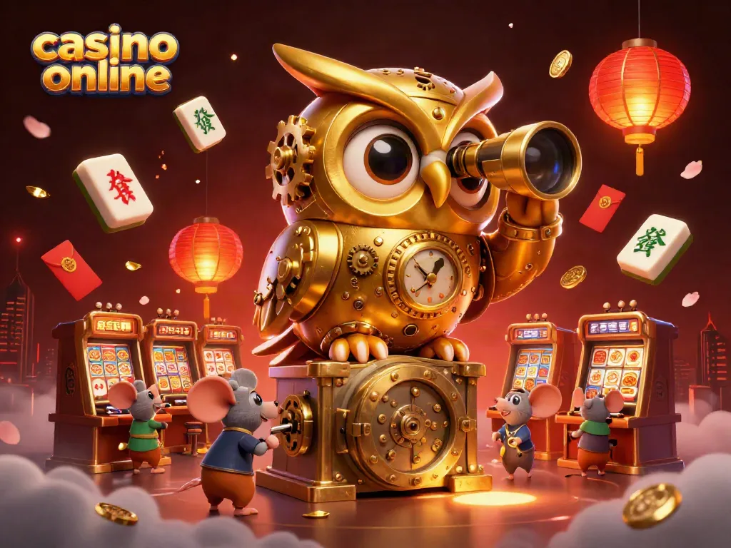 Juega en un casino online mientras un búho de oro observa el piso lleno de diversión y premios.