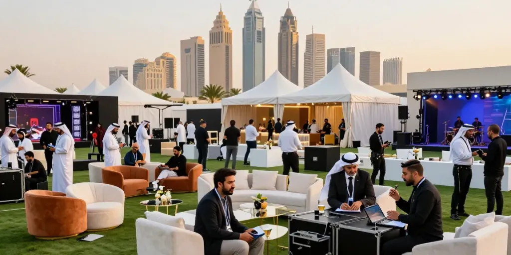 Event rentals and professional event organizers coordinating logistics at a vibrant Saudi Arabian skyline event.