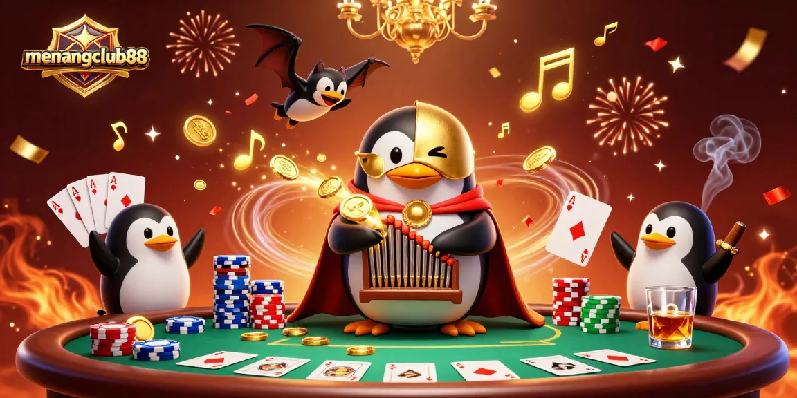 Experience excitement at menangclub88 as a penguin organist sparks golden coin showers in a vibrant casino.