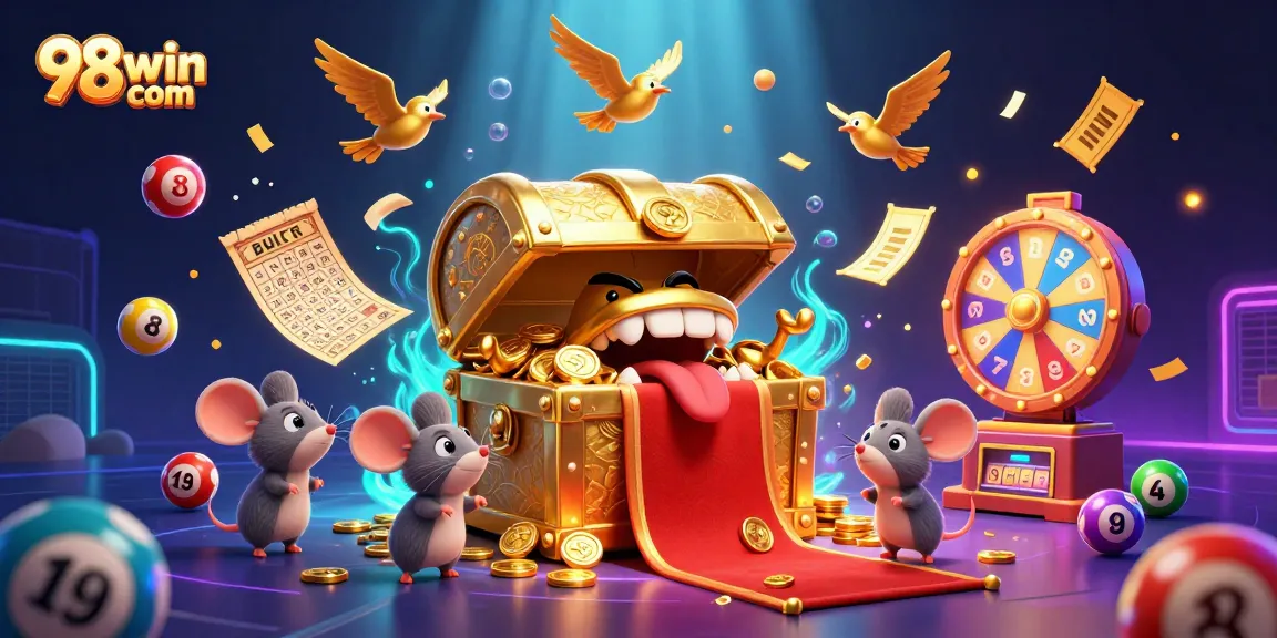 Spin to win at 98win com with a vibrant casino illustration featuring instant wins and dynamic game elements.