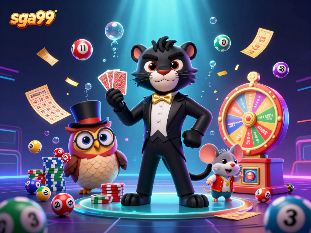Experience thrilling gameplay at sga99 with a stylish panther, wise owl, and lucky mouse engaging in lively gaming.
