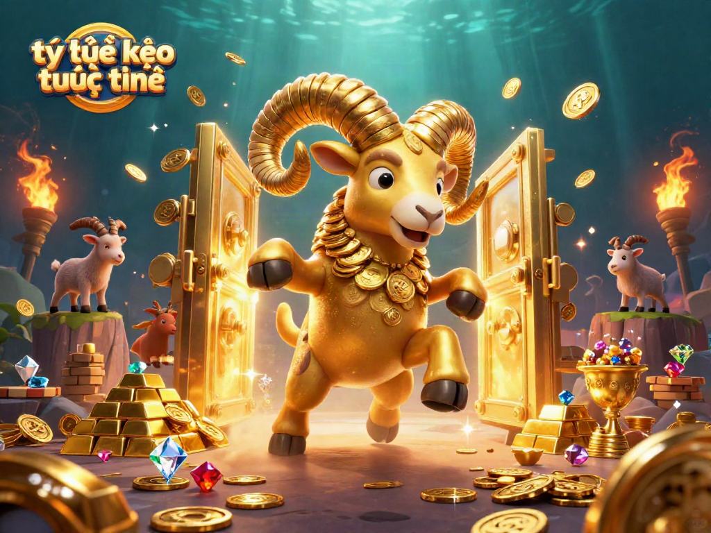 Bet on tỷ lệ kèo trực tuyến with engaging golden ram and rich treasures in a dynamic casino scene.
