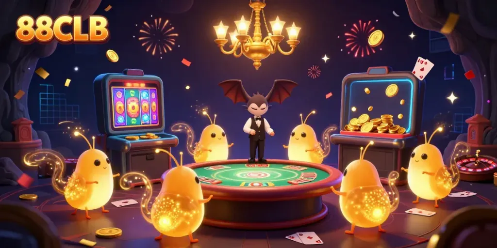 Experience the excitement at 88CLB with glowing characters illuminating a vibrant cave casino scene.