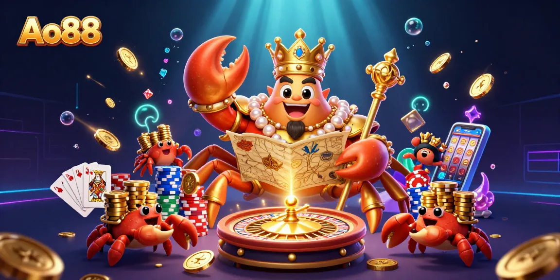 Crown-wearing golden crab emperor celebrating with treasures and casino elements for Ao88