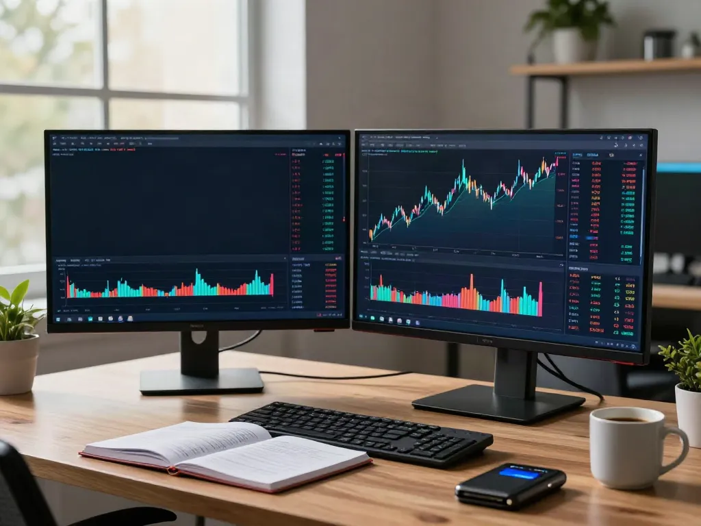 HKEX Level 2 market data displayed on monitors in a professional cryptocurrency trading workspace.