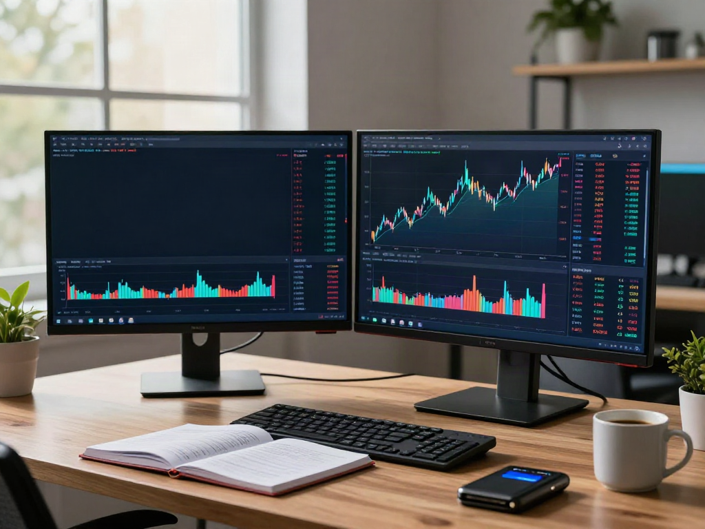 HKEX Level 2 market data displayed on monitors in a professional cryptocurrency trading workspace.
