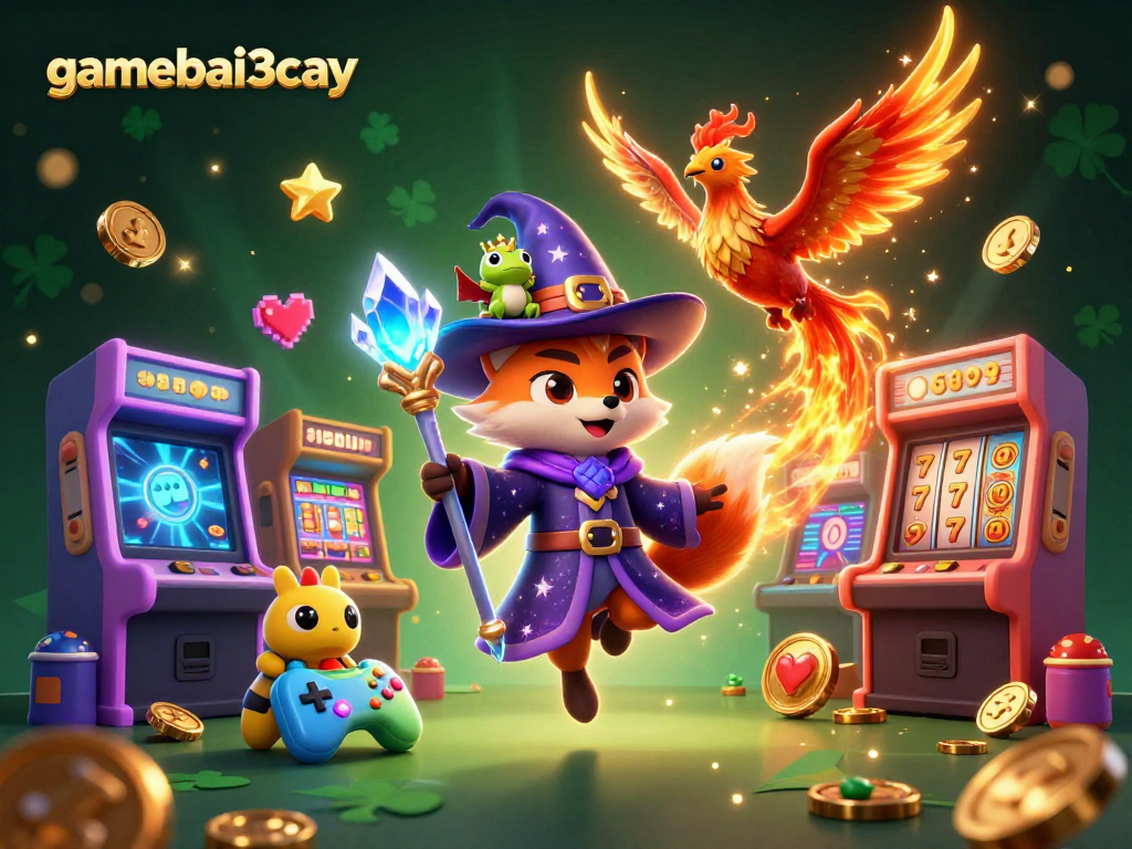 Play with gamebai3cay's mystical wizard fox and phoenix in an enchanting casino scene