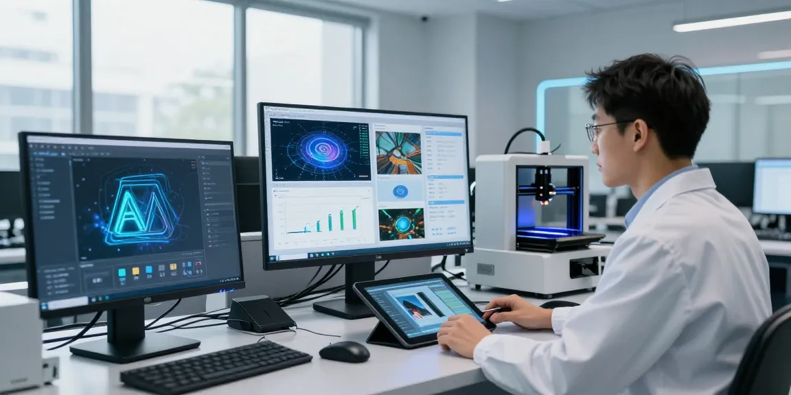 AI Image Detector analysis in a tech lab with researchers examining AI-generated visuals and analytics.