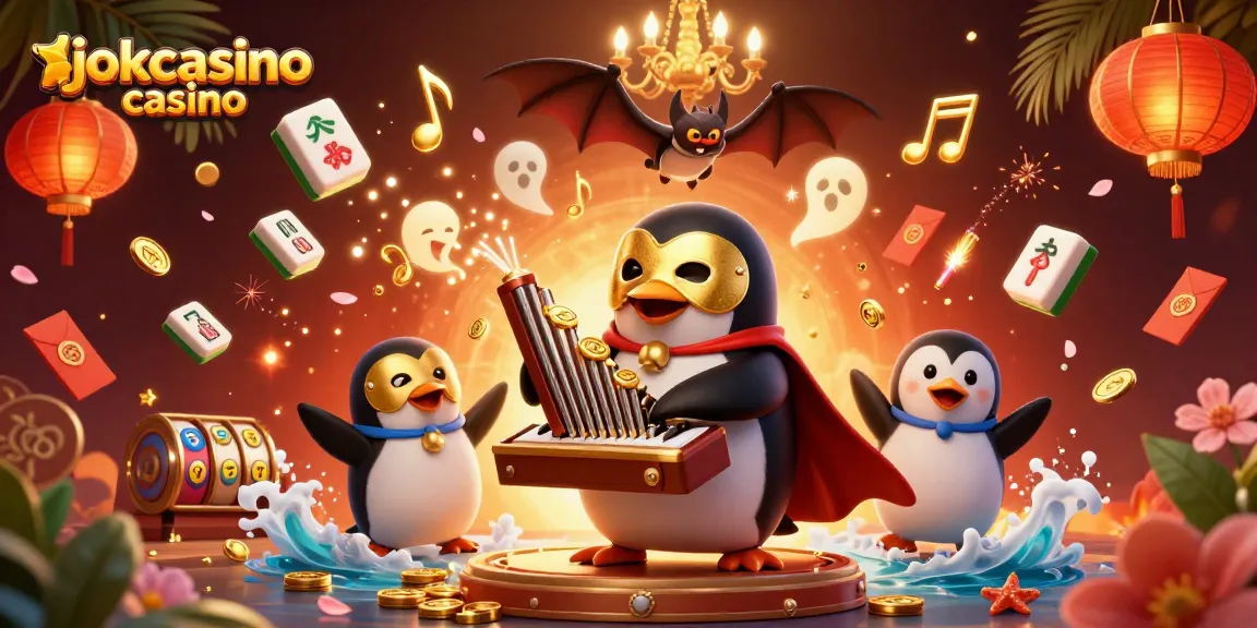 Experience thrills at jokacasino casino with a dynamic scene of the phantom opera penguin amidst vibrant casino elements.