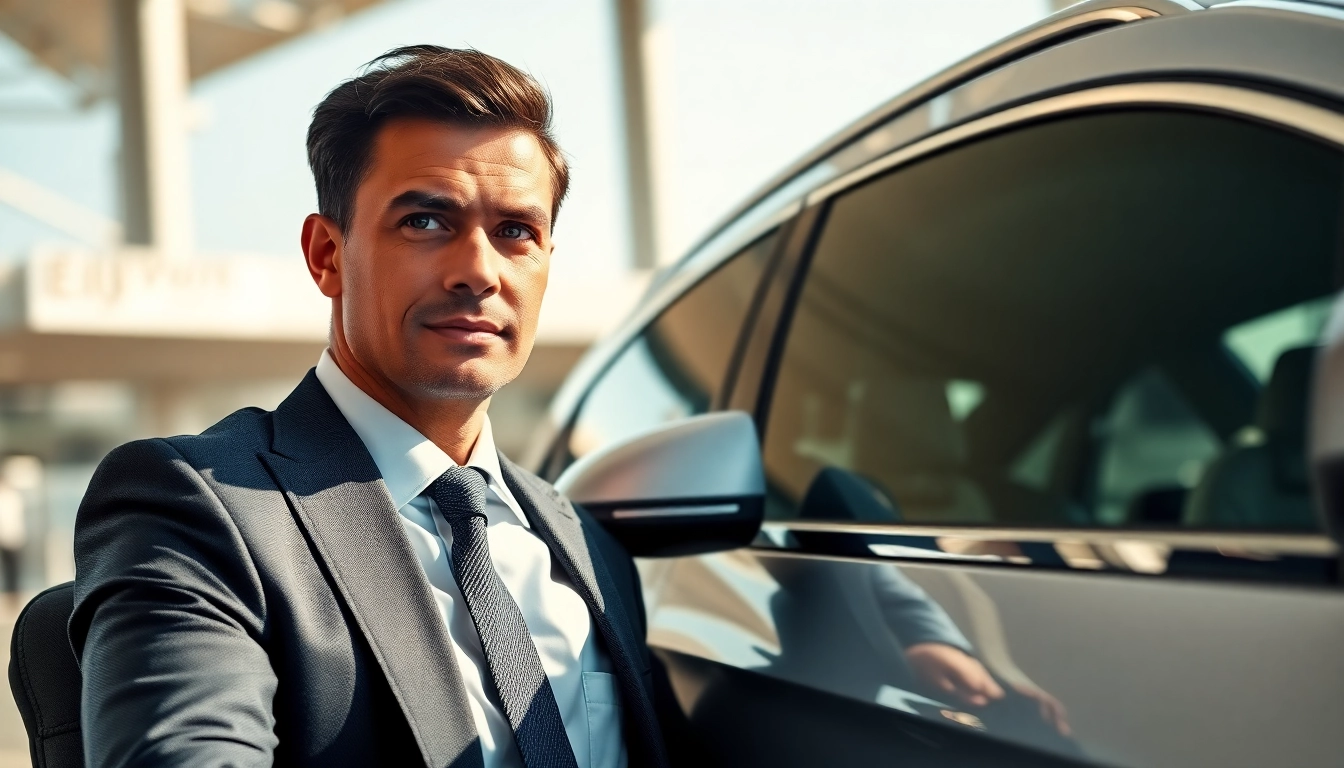 Booking Orly Airport to Paris Transfer with a professional driver in front of a luxury vehicle.