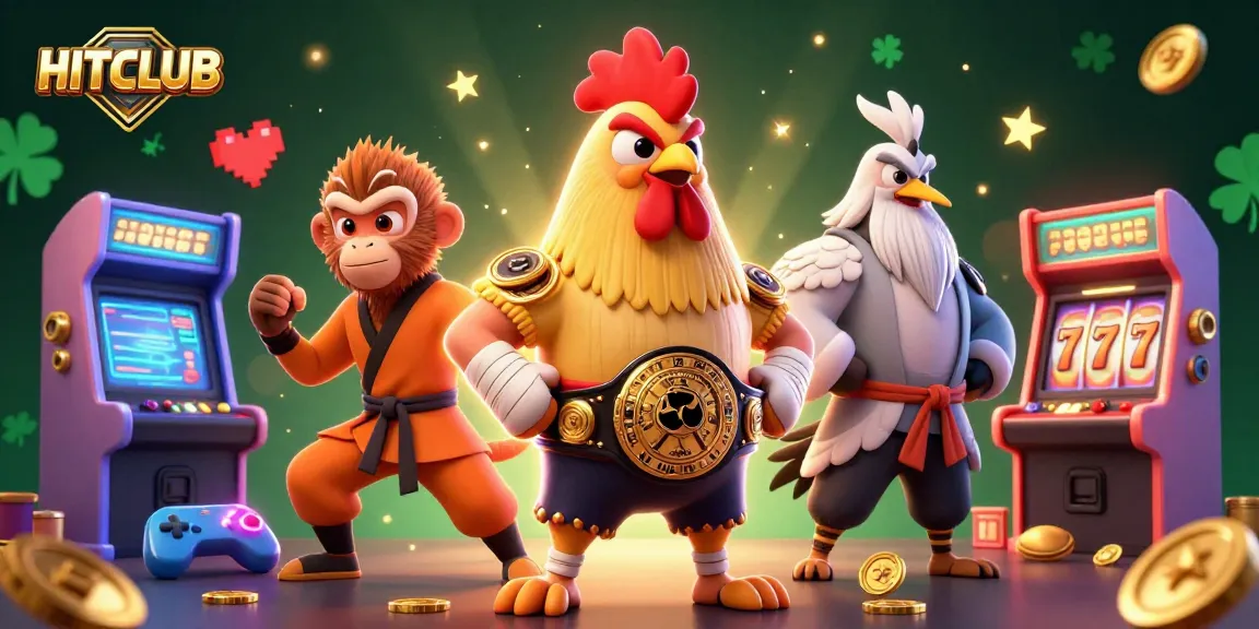 Engage with HITCLUB's dynamic gaming scene featuring a Muay Thai rooster, Shaolin monkey, and a crane master amidst casino elements.