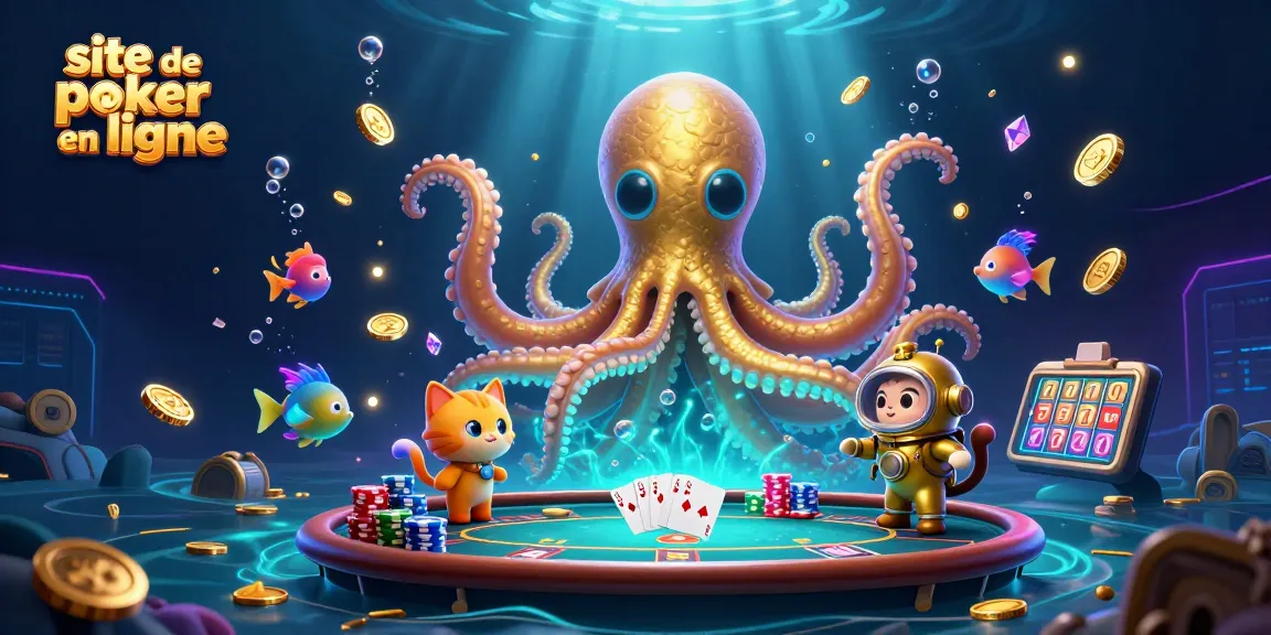Jouer sur le site de poker en ligne avec un kraken 3D colossal entouré de chips de poker colorés.