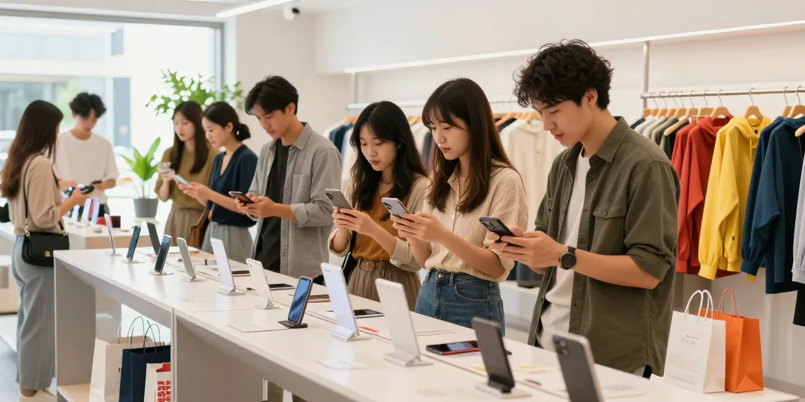 A vibrant shopping scene at ebbfilter.com featuring diverse young adults exploring trendy products in a modern retail space.