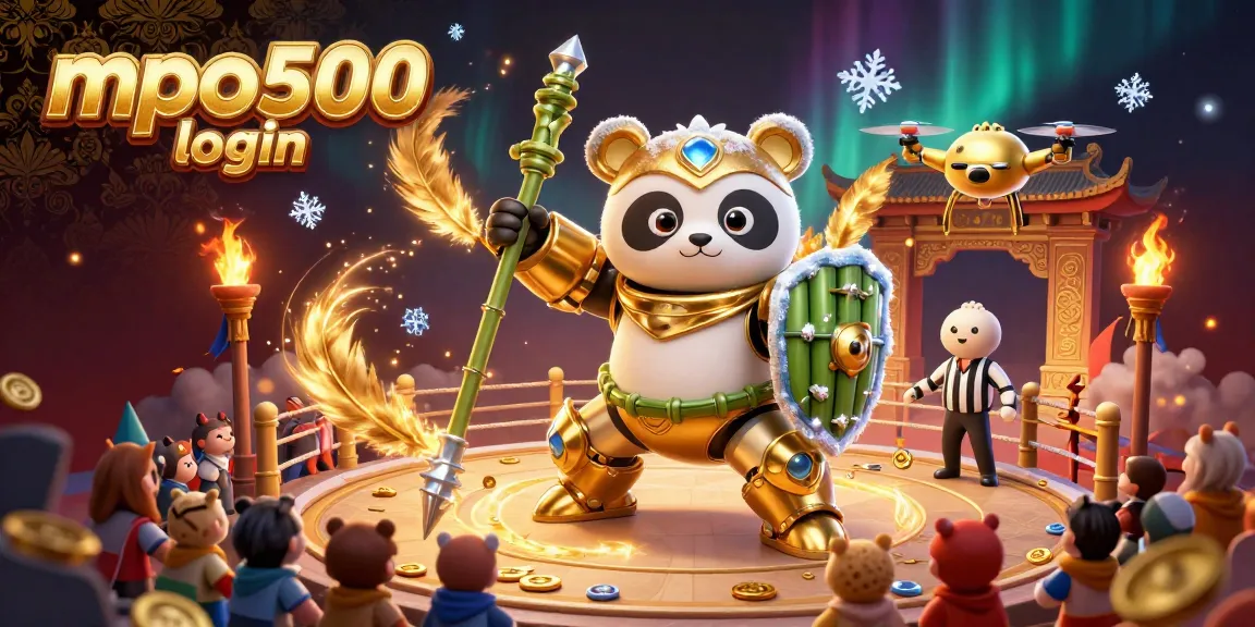 Engage with the exciting world of mpo500 login in this vibrant 3D casino illustration featuring a golden panda mech and dynamic gaming elements.