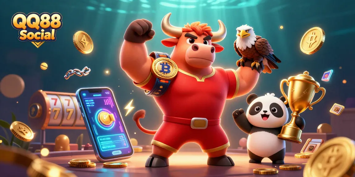 Bet on QQ88 Social with thrilling characters celebrating gambling success in a vibrant 3D casino scene.