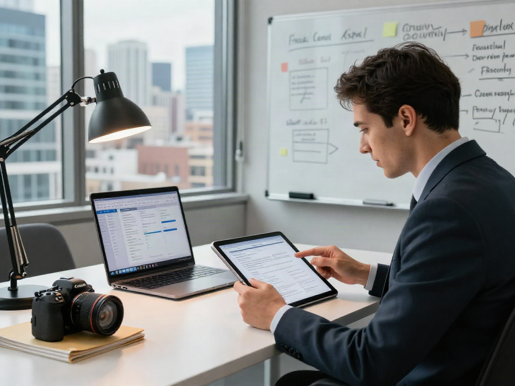 Document fraud detection in a modern office setting with a professional analyzing digital documents.