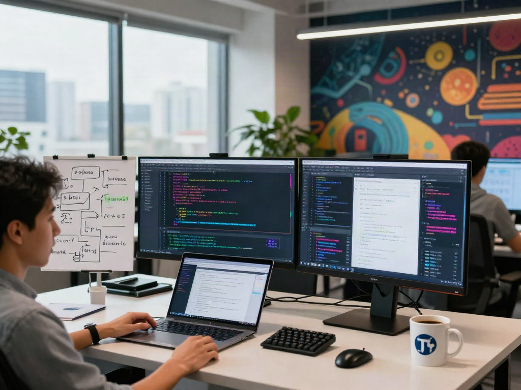 Coding environment showcasing crushon software development with vibrant screens and collaborative workspace.