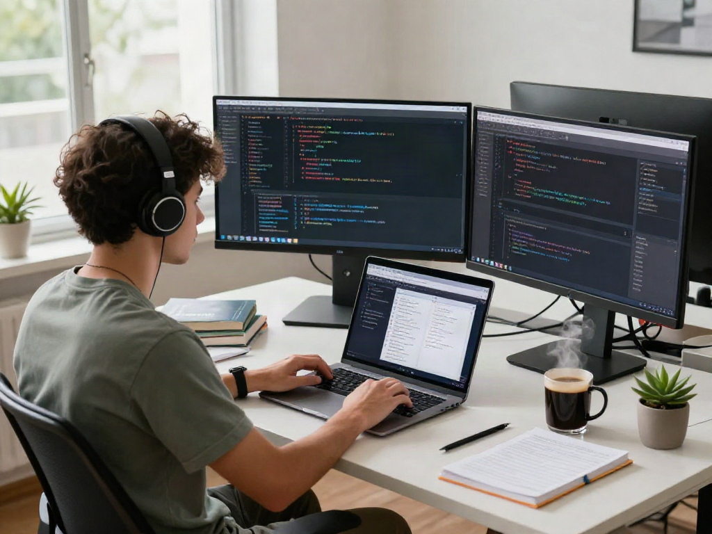 Focused developer coding the pikashow apk in a vibrant workspace
