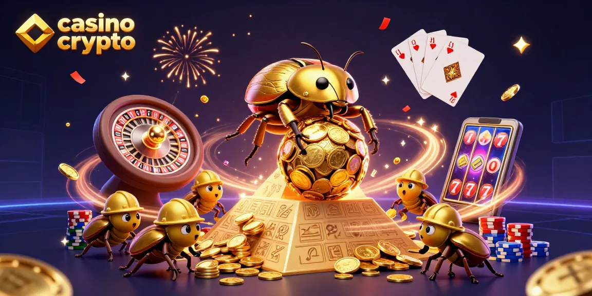 Illustration d'un casino crypto avec un scarabée doré roulant des pièces, des jetons de poker et une roulette.