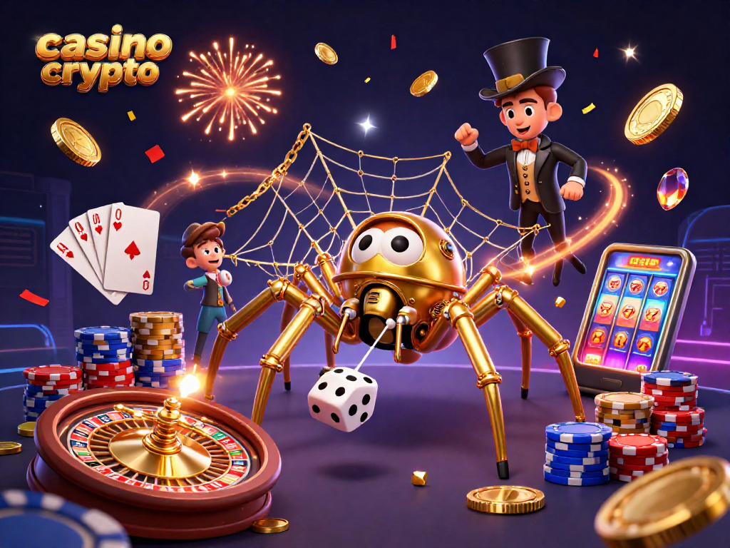 Jouez dans un casino crypto avec une illustration dynamique d'une araignée dorée steampunk et des éléments de jeu excitants.