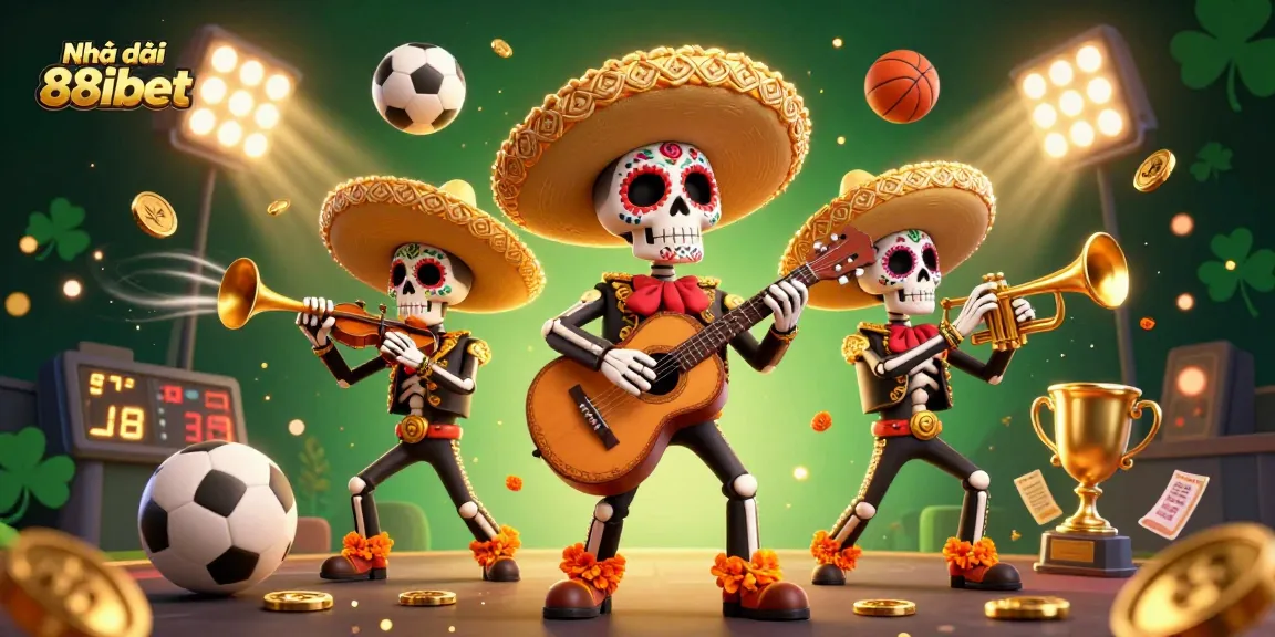 Engage with the thrilling action of Nhà cái 88ibet, featuring a vibrant mariachi band amidst dynamic sports elements and golden treasures.