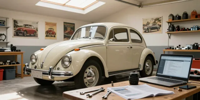 Engaged mechanic working on a classic Volkswagen Beetle with tools, showcasing air-cooled vehicle maintenance at http://www.aircooledapps.com.