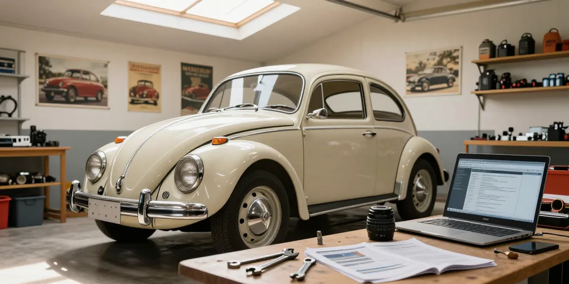 Engaged mechanic working on a classic Volkswagen Beetle with tools, showcasing air-cooled vehicle maintenance at http://www.aircooledapps.com.