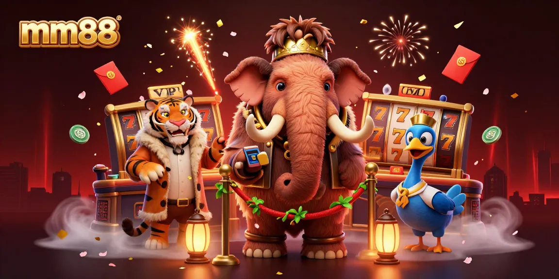 Experience the thrill of mm88 with a vibrant casino scene featuring a woolly mammoth bouncer and spinning slot reels.