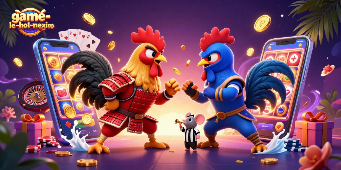 Engage with the action in game-le-hoi-mexico featuring dynamic fighting roosters amidst vibrant casino elements.