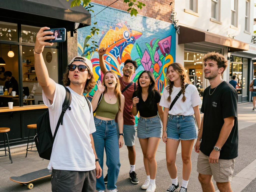 Friends discovering who looks like a celebrity using a fun app in a vibrant urban setting.