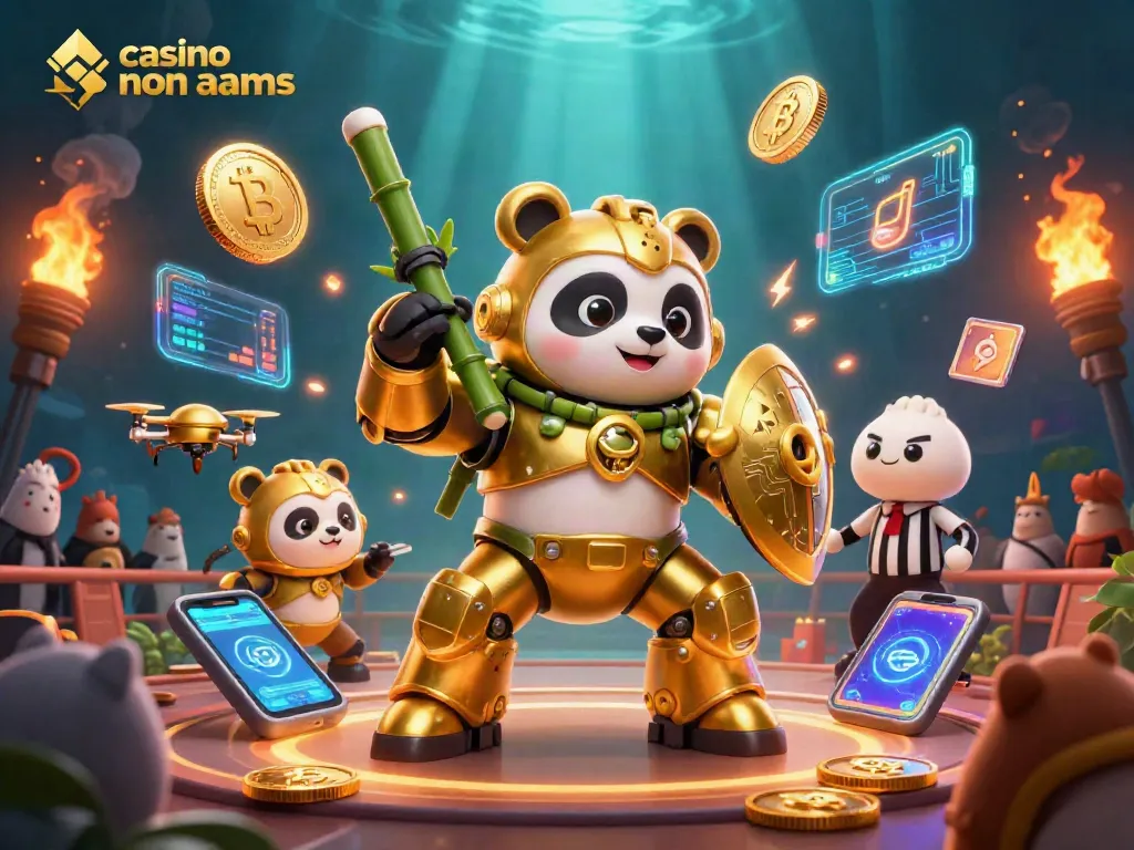 Gioca con casino non AAMS: panda robotico in un'arena di gioco avvincente con monete Bitcoin ed Ethereum