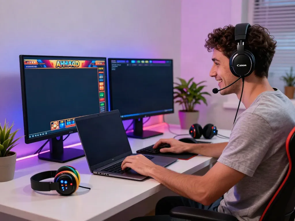 Player enjoying a thrilling AHHA4D slot game in a vibrant home office
