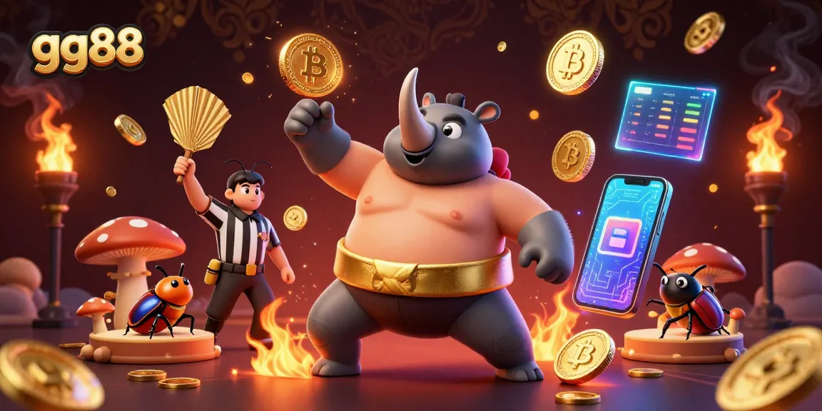 Experience thrilling gameplay at gg88 with a cartoon beetle champion stomping coins in a vibrant casino scene.