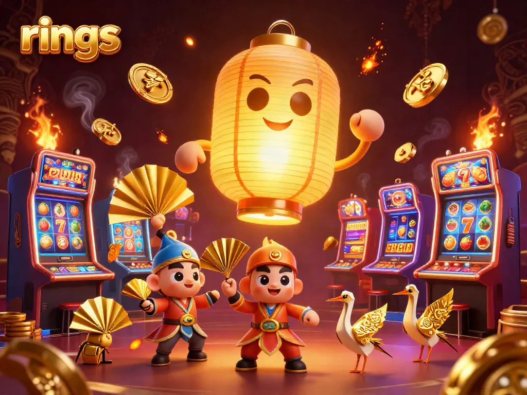 Experience exciting rings gameplay with a vibrant casino scene showcasing colorful slot machines and dynamic characters.