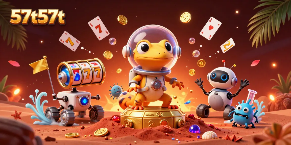 Play thrilling 57t57t slots with the Martian gecko in this vibrant casino illustration.