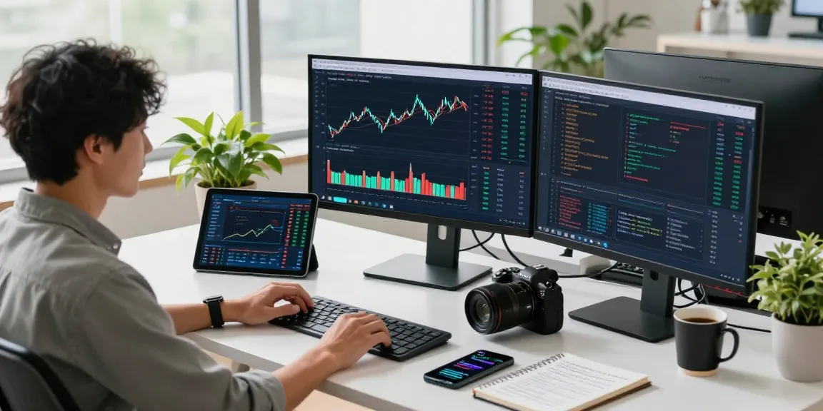 Workspace featuring a Japan stock real-time API dashboard, live data feeds, and a focused software engineer in a modern financial technology environment.