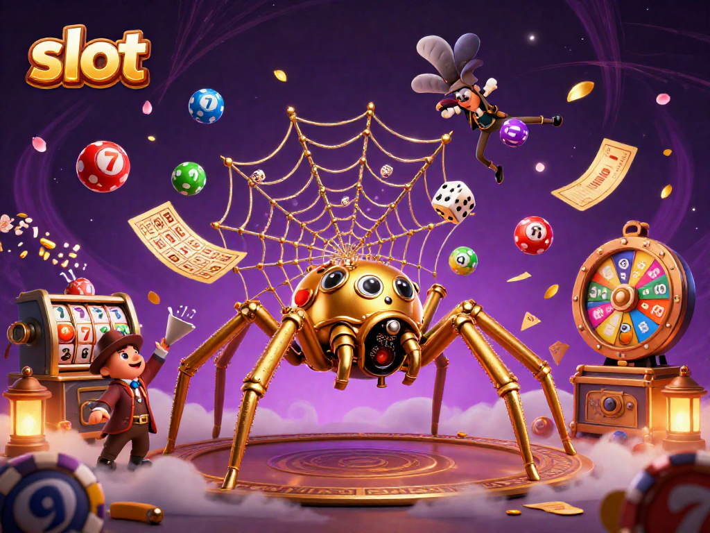 Engage with thrilling slot spins in a vibrant 3D casino scene featuring a steampunk spider.