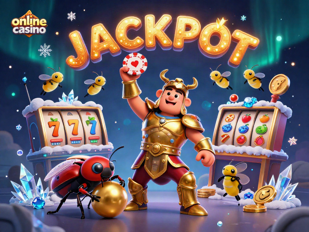 Experience the excitement of an online casino with vibrant 3D characters and slot machines celebrating a jackpot.